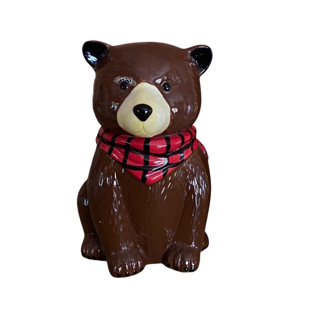 World Market Brown Bear Cookie Jar Ceramic Plaid Scarf Figural Canister Rustic